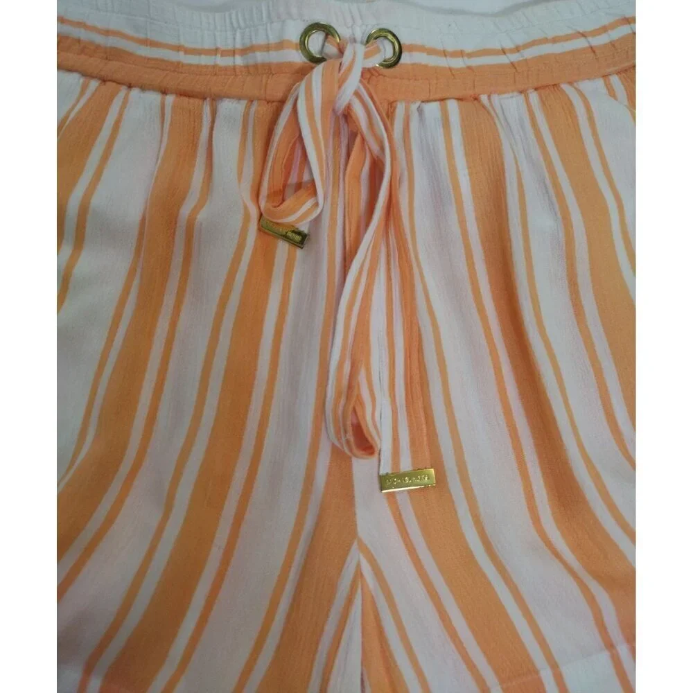 Michael Kors Womens Orange, White Striped Drawstring Shorts Size L Viscose Blend